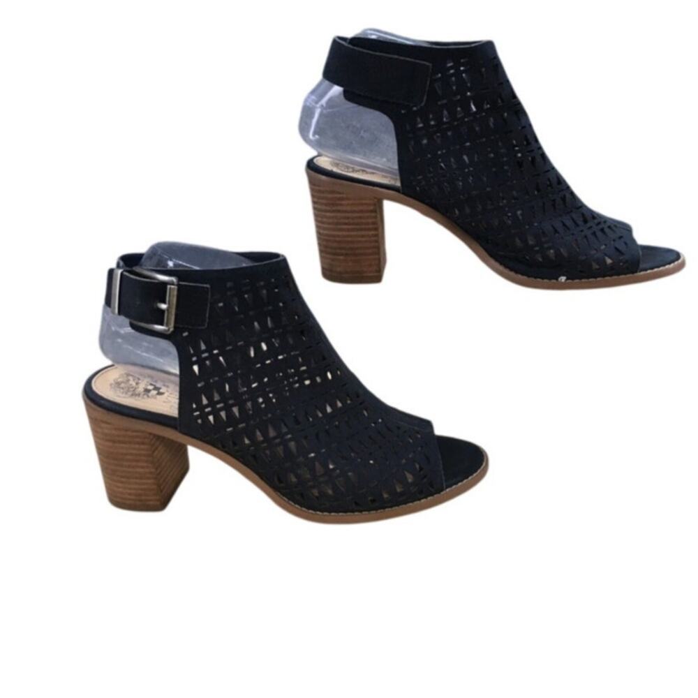 Vince Camuto | Triana Size 8 Black Block Heel Laser Cut Mesh with Buckle